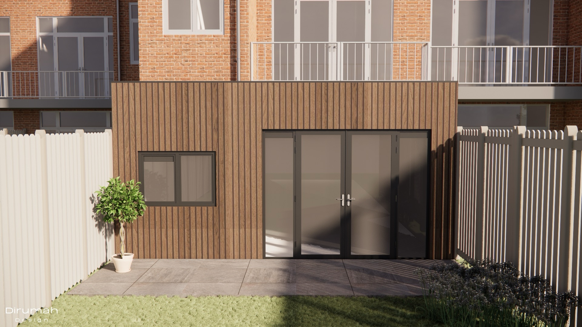 Exterieur tekening van een aanbouw. 3D render met zicht op de aanbouw vanuit de eigen tuin met nieuw houten hekwerk.