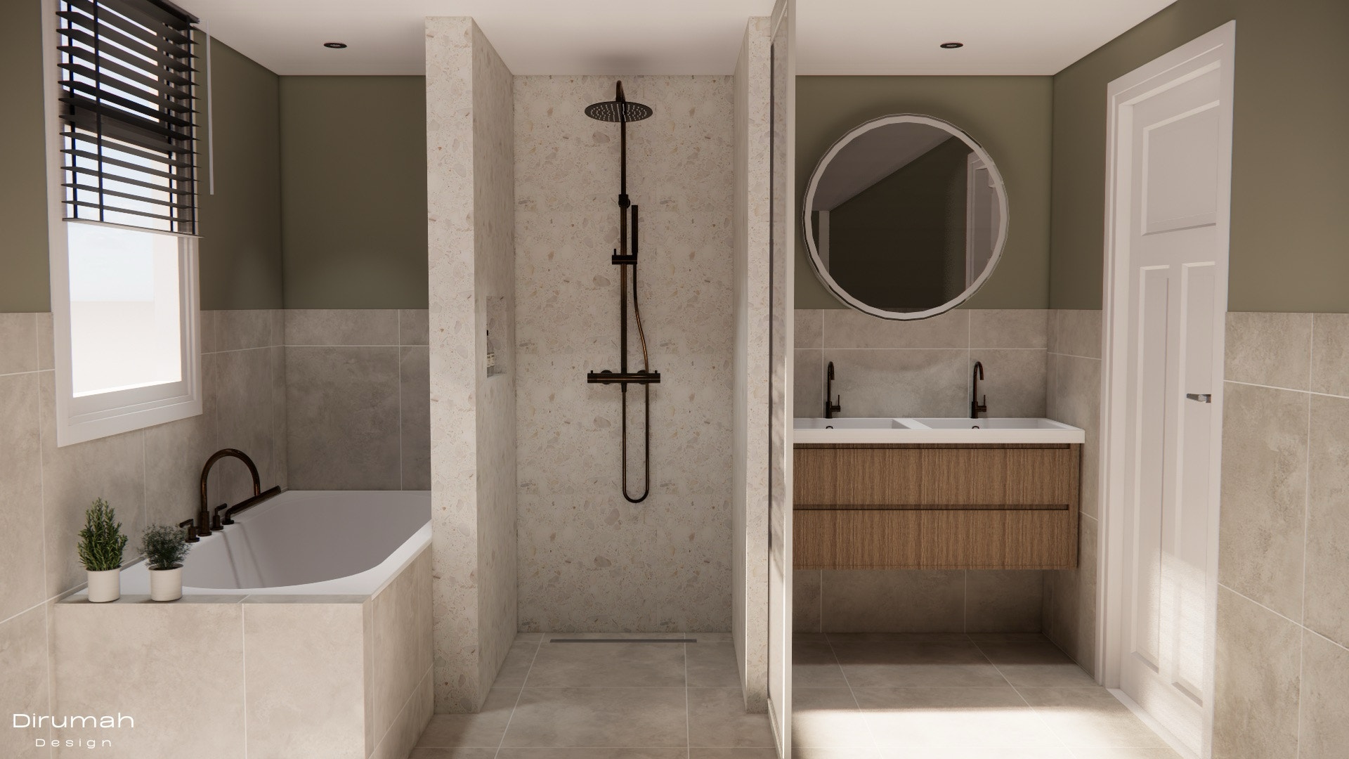 3D render of the design of a bathroom from scratch.