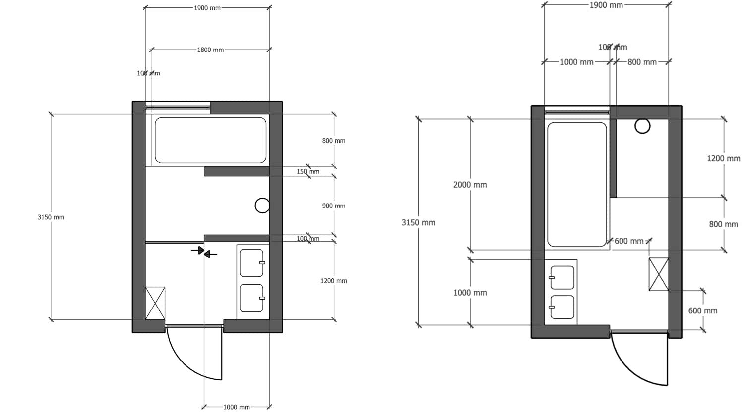 Twee concept ontwerpen van een badkamer met voordelen en nadelen, zodat de klant een goede keus kan maken.