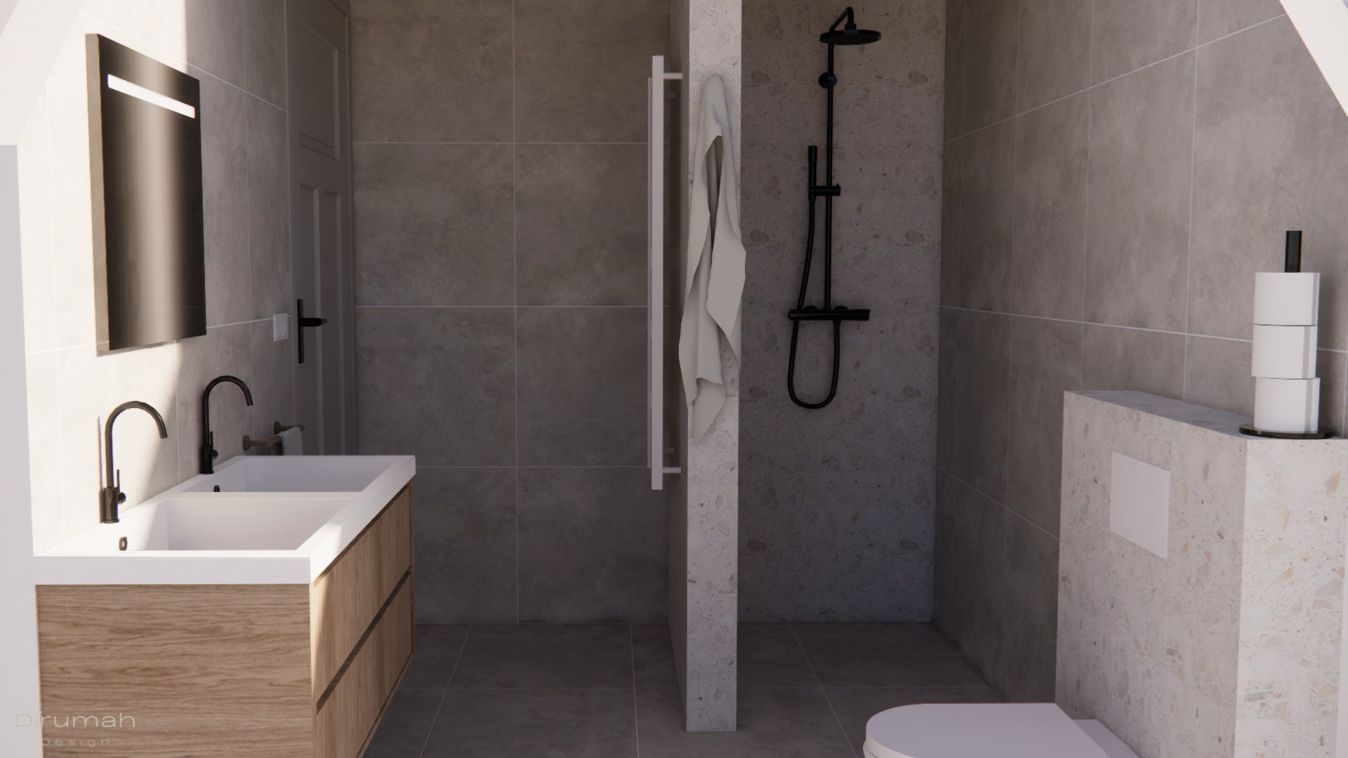 3D render of the design and furnishing of a vacation home, showcasing the luxurious bathroom with a double sink, a walk-in shower, and a toilet.