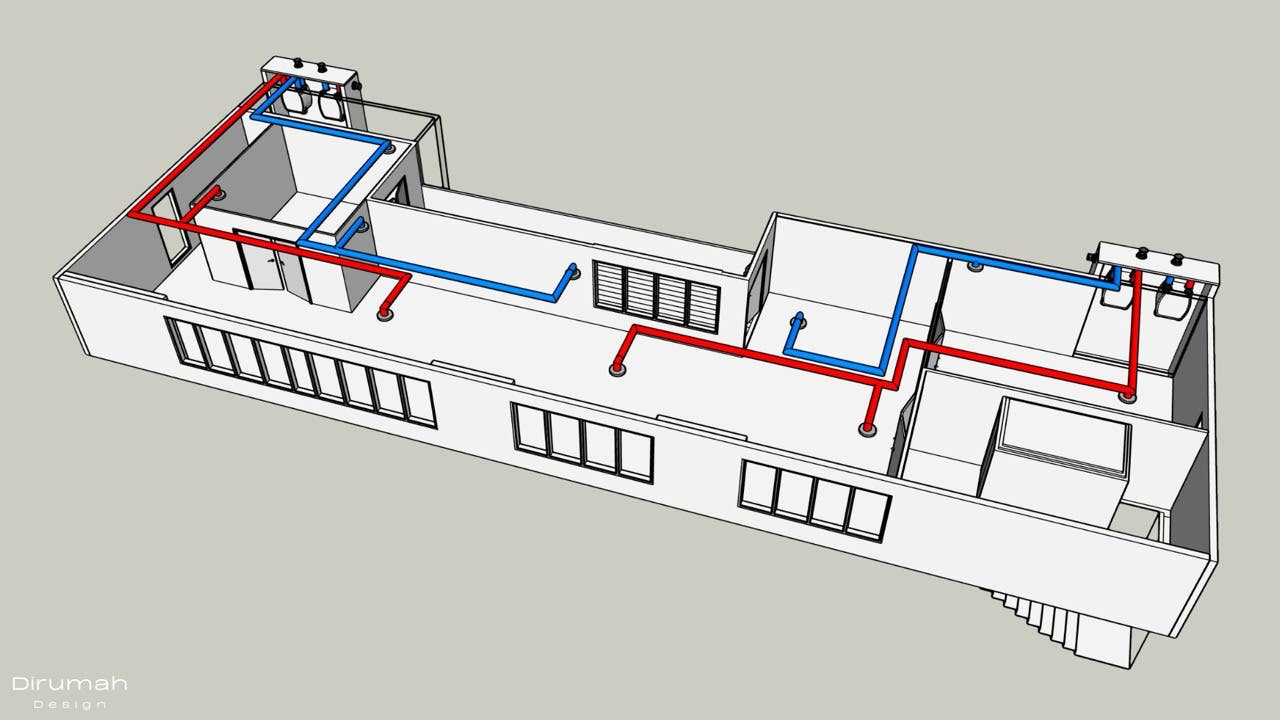 Technische tekening voor een installatiebedrijf van een warmte-terug-win systeem ook wel bekend als WTW-unit.