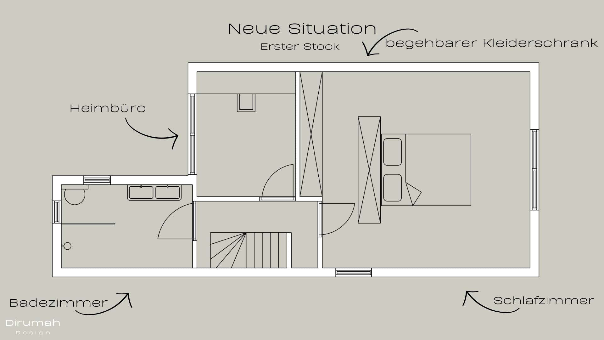 2D-Grundriss der neuen Situation des ersten Obergeschosses mit Schlafzimmer, begehbarem Kleiderschrank, Büro und Badezimmer