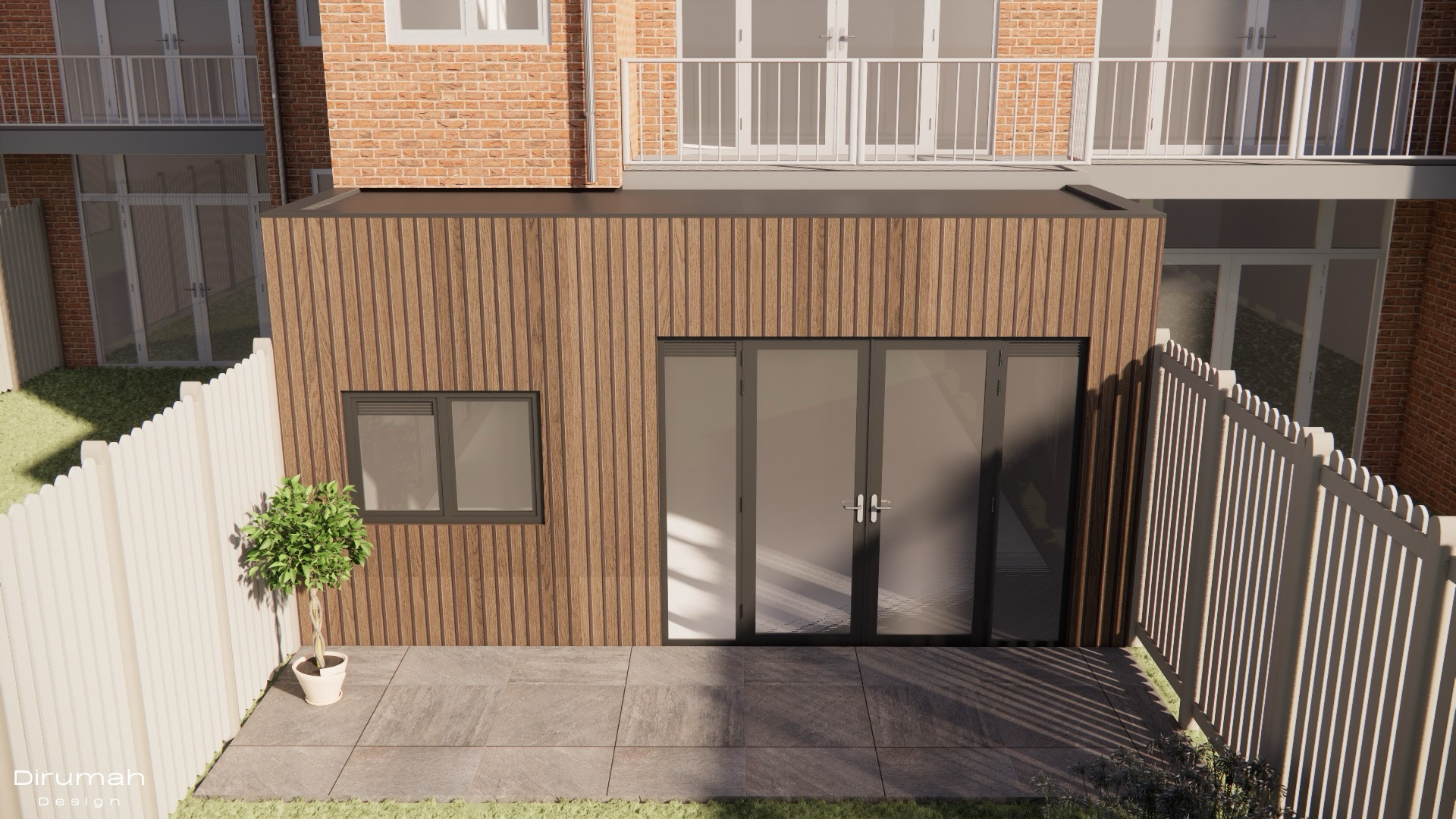 3D render van de aanbouw met zicht op het dak om een idee te krijgen van de mogelijkheid om het balkon uit te breiden.