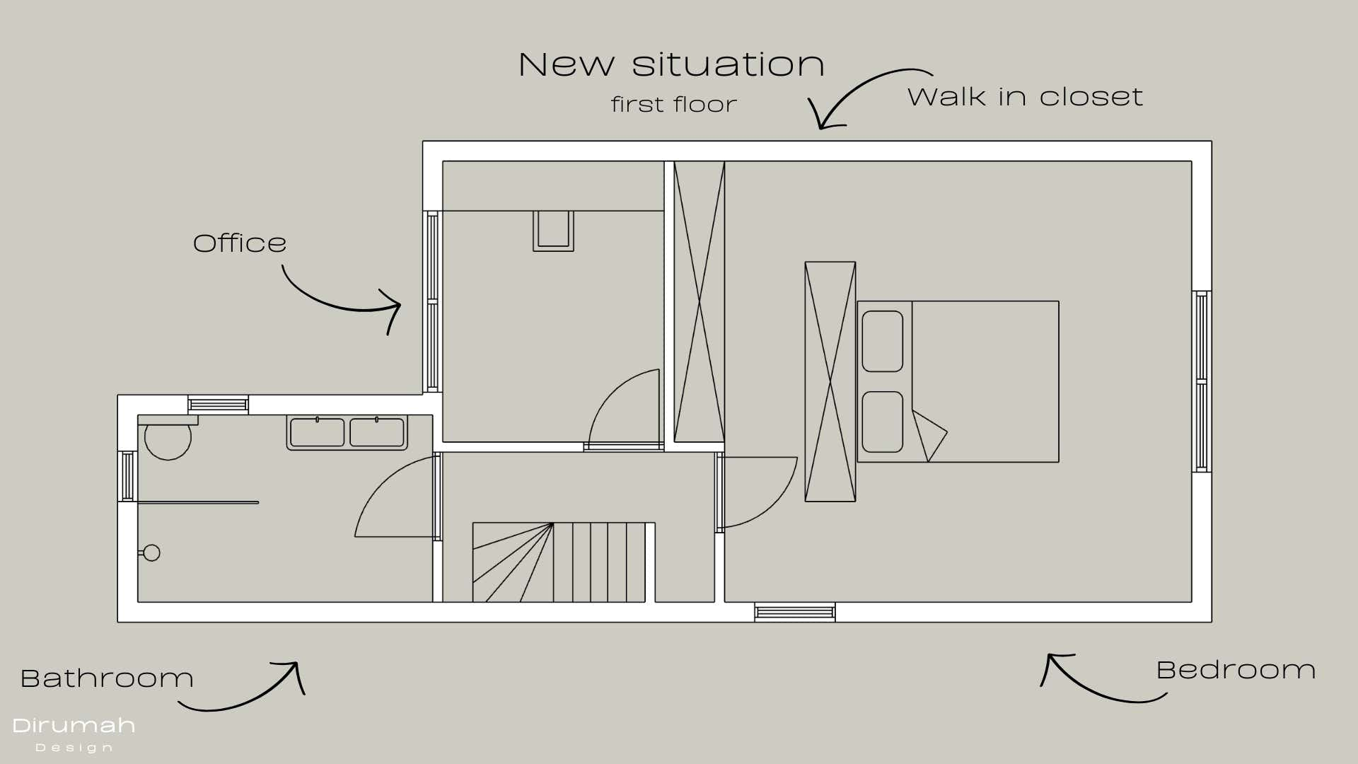 2D floor plan of the new layout of the first floor with a bedroom, walk-in closet, office, and bathroom.