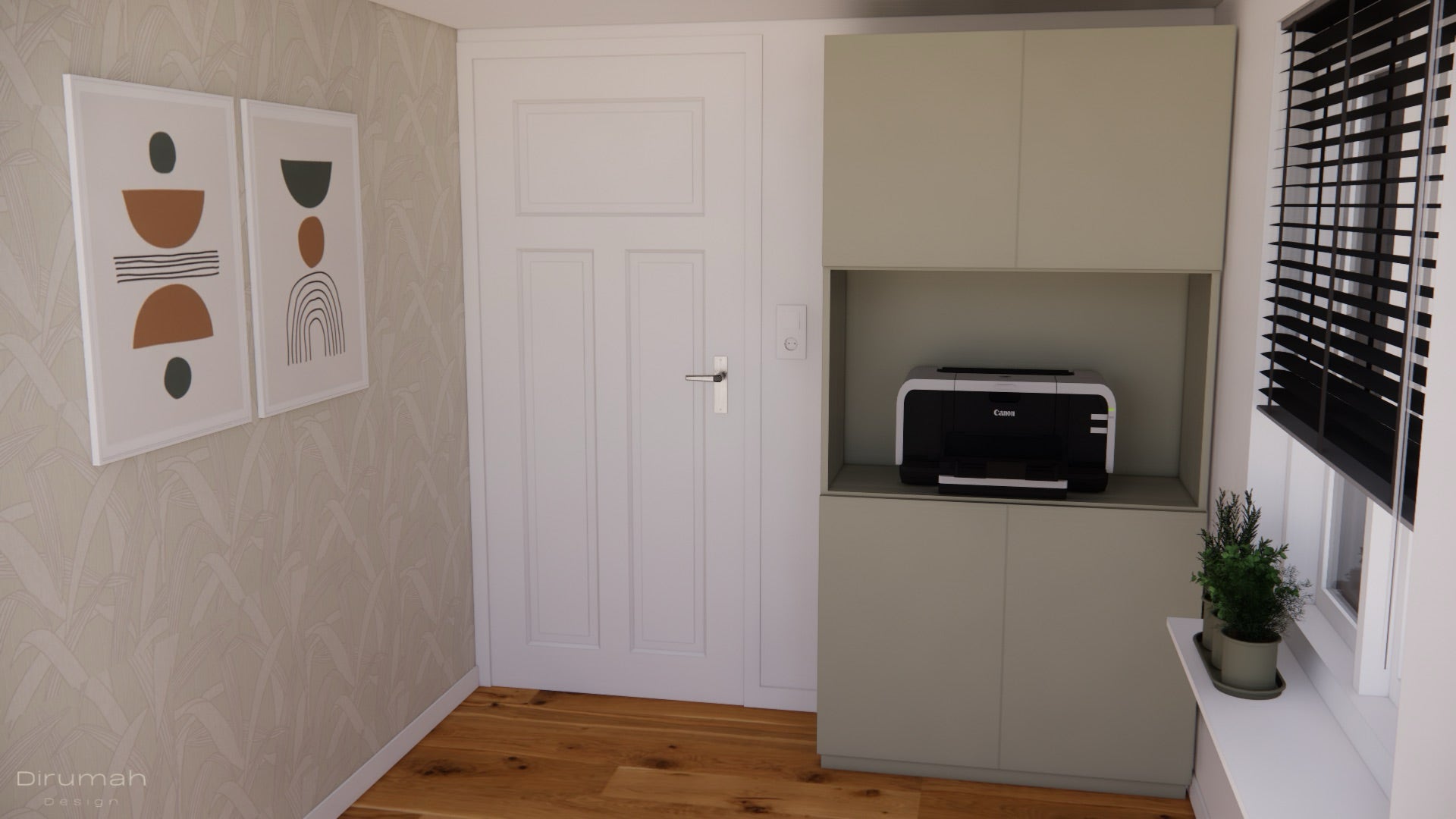 3D render of office cabinet with printer and scanner space in the office.