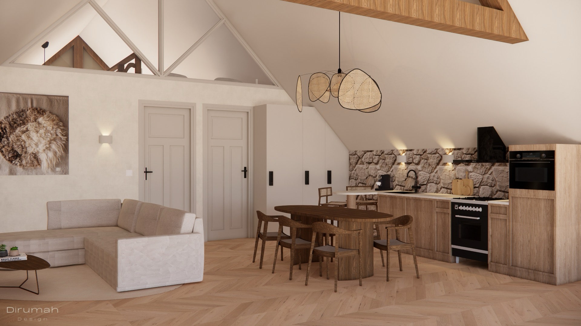 Entwurf und Einrichtung einer Ferienwohnung. 3D rendering Gestaltung und Einrichtung eines Ferienhauses mit Blick auf die Küche und den Esstisch.