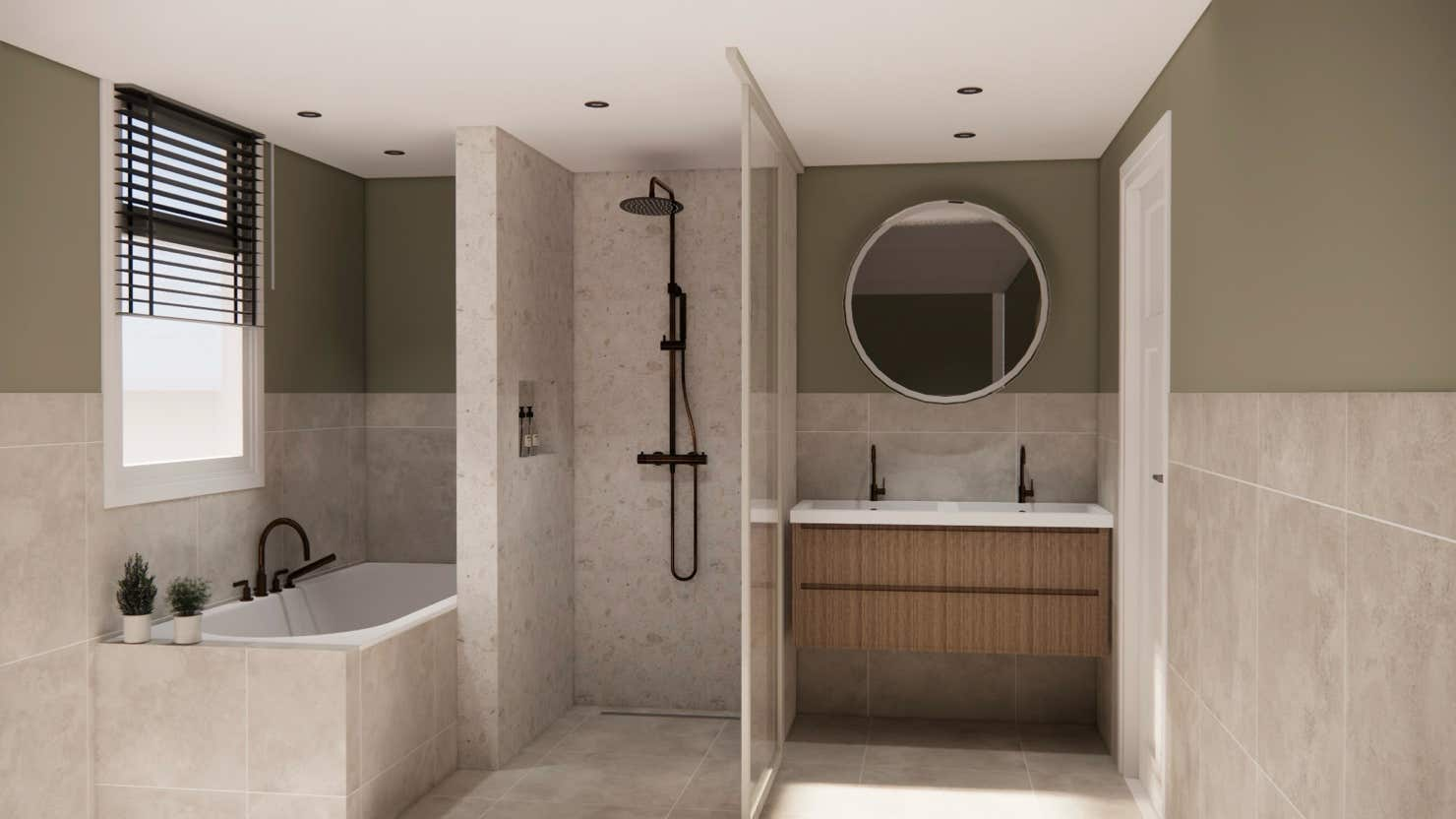 Eindproduct en 3D render van het ontwerp van een badkamer met ligbad, douche en dubbele wasbak.