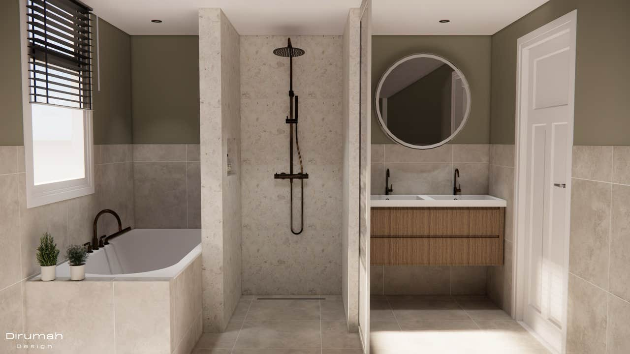 Customers - End result of a design from scratch of a bathroom with bathtub, shower en double sink seperated by a sliding door.