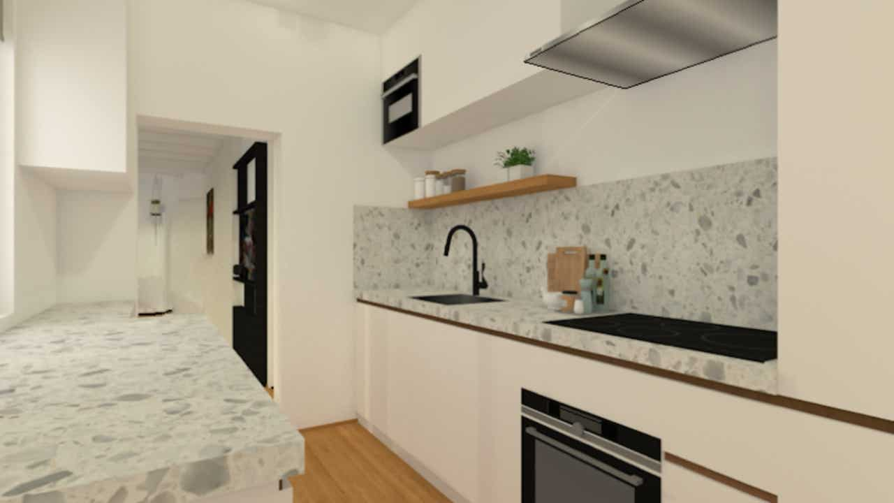 Drawing a kitchen, of what it might look like, to enhance the advertisement value for real estate agents when selling a house that needs renovation.