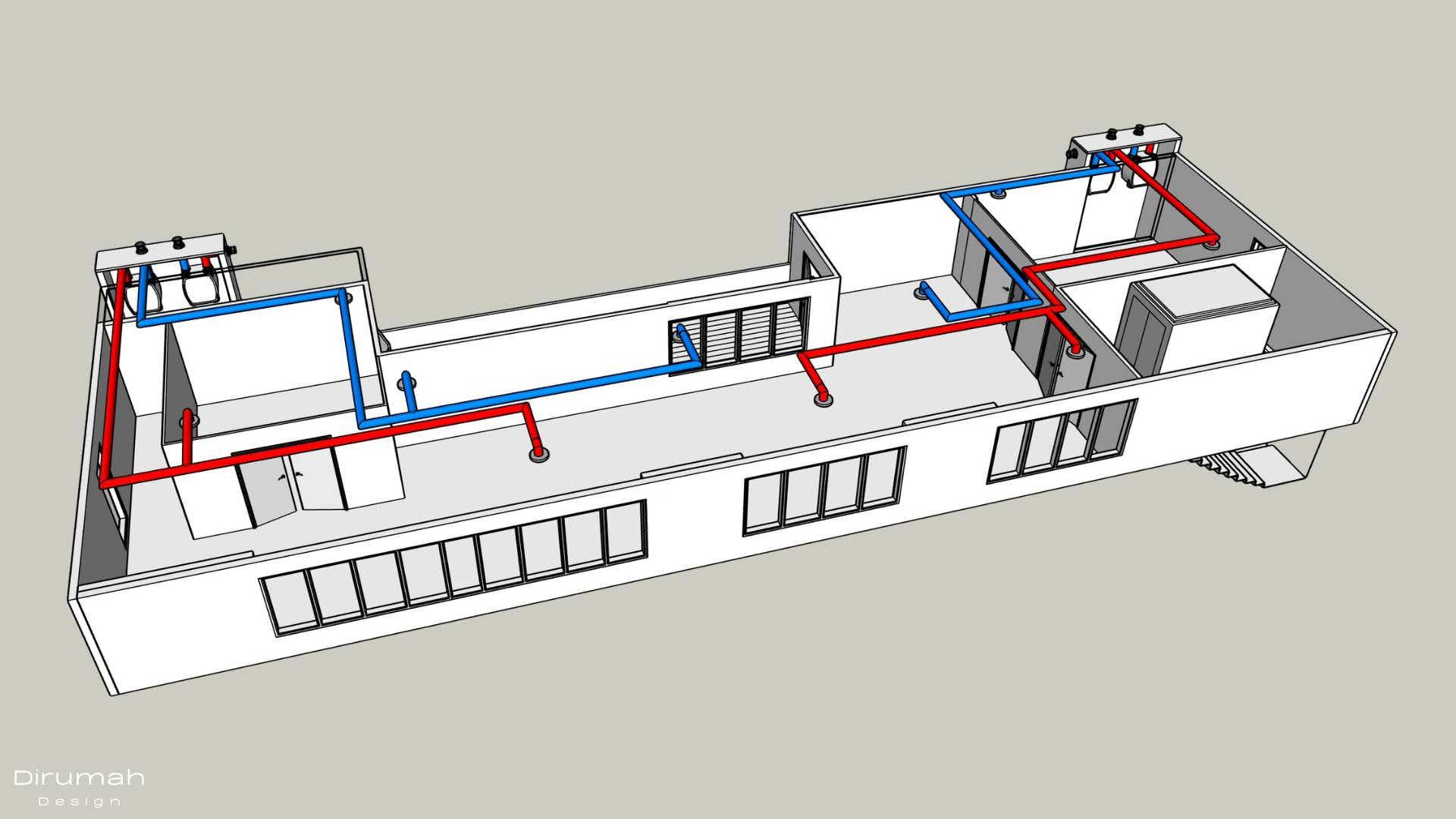 3D front view of the Heat Recovery Ventilation unit in a commercial building.