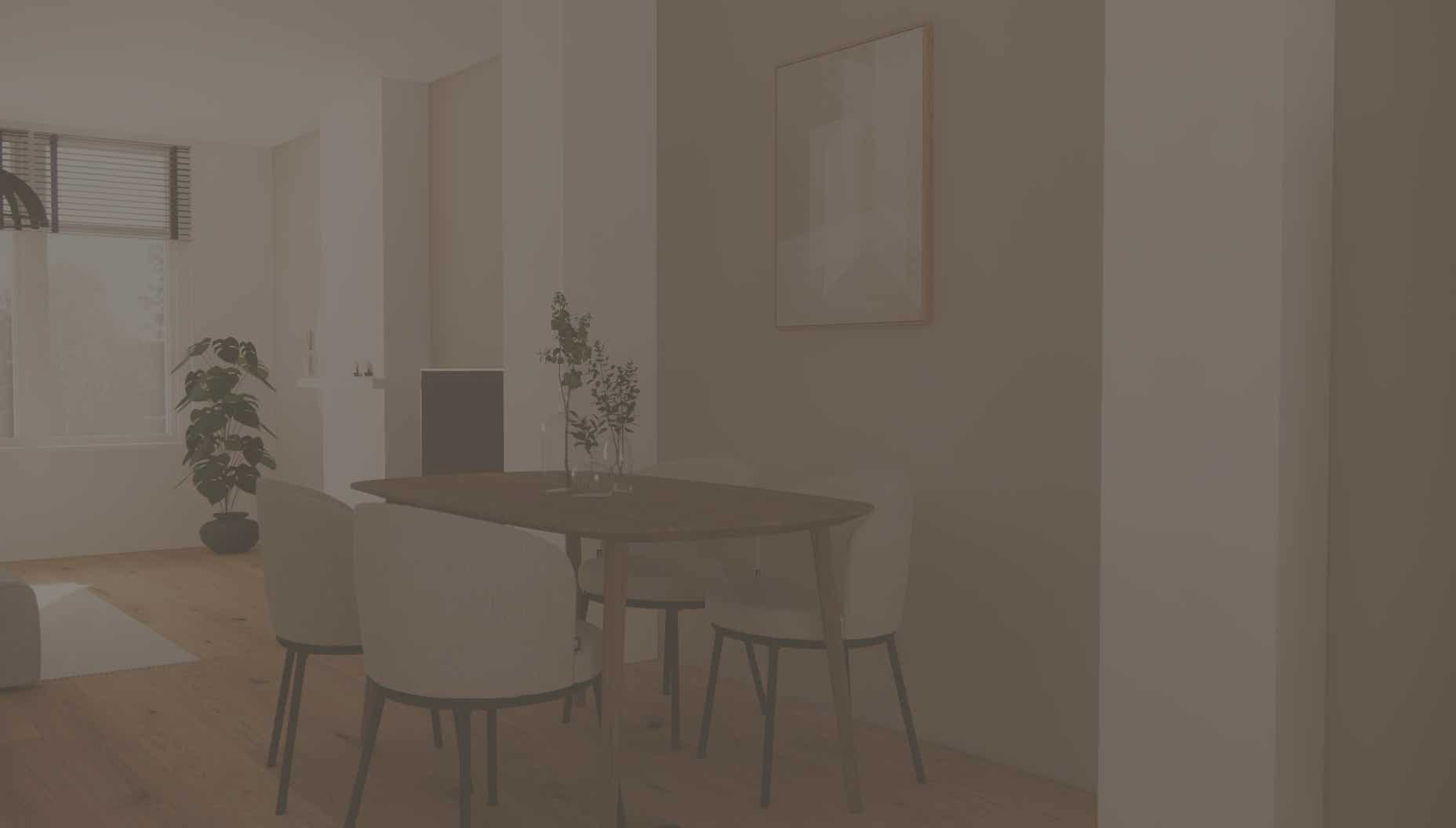 Redesign of an apartment with a 3D render showing the view from the kitchen to the dining table and living room.