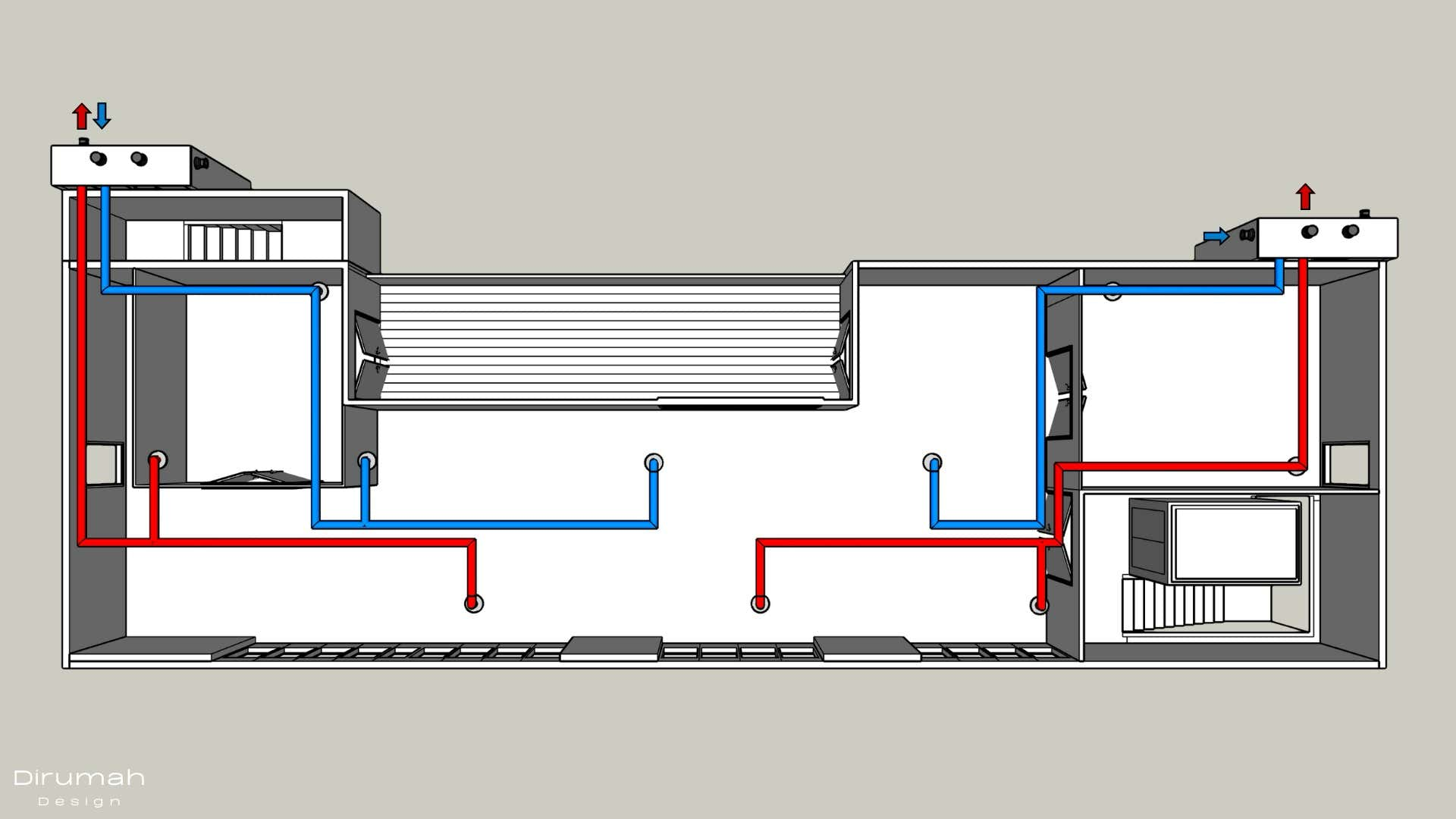 3D-Draufsicht auf die Wärmerückgewinnungsanlage in einem Geschäftsgebäude.