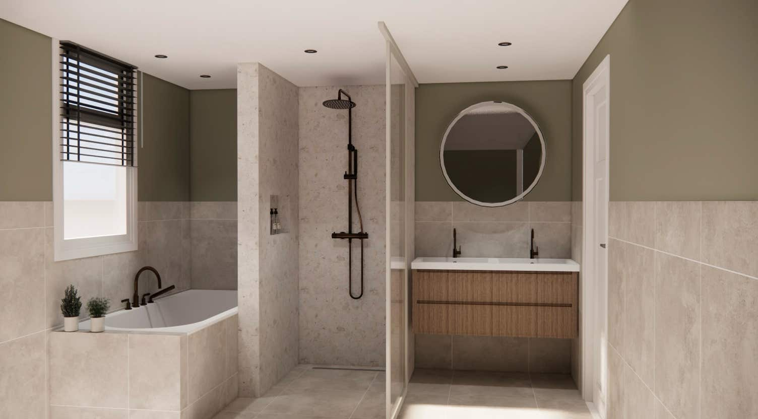 Endprodukt und 3D-Rendering des Entwurfs eines Badezimmers mit Badewanne, Dusche und Doppelwaschbecken.