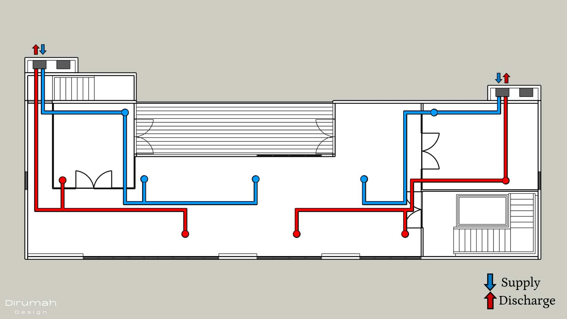 Heat Recovery Ventilation (HRV) unit in office building with the 2D piping diagram showing supply and exhaust pipes in red and blue.