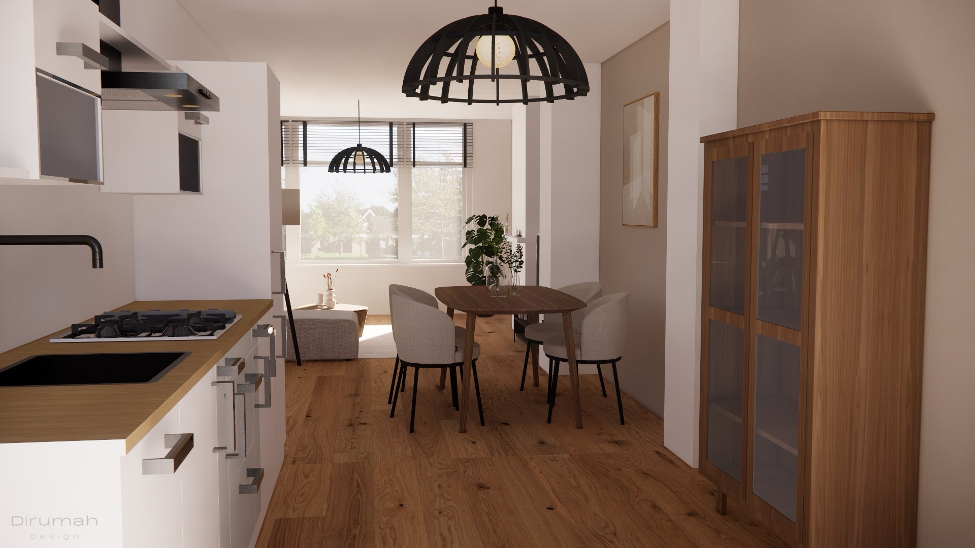 Herinrichting van een appartement met de 3D render met zicht vanaf de keuken naar de eettafel en de woonkamer.