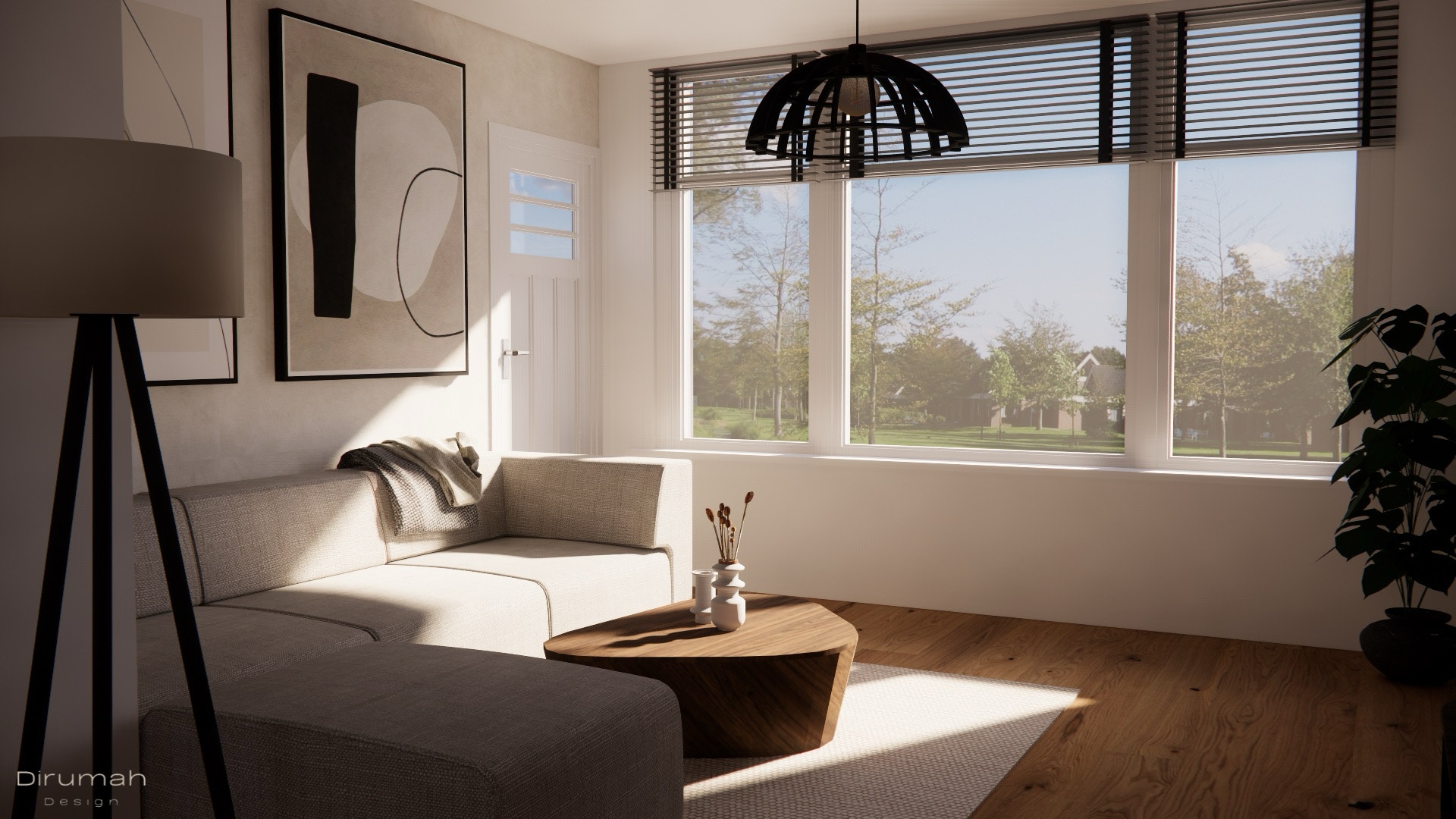 3D render of the livingroom with the couch, lighning and the coffee table.