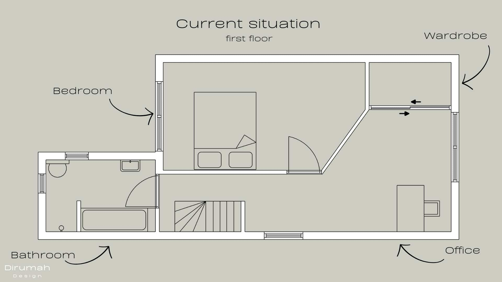 Redesign first floor of a residence starting with this 2D floor plan of the current situation before the reorganization and redesign of the house.