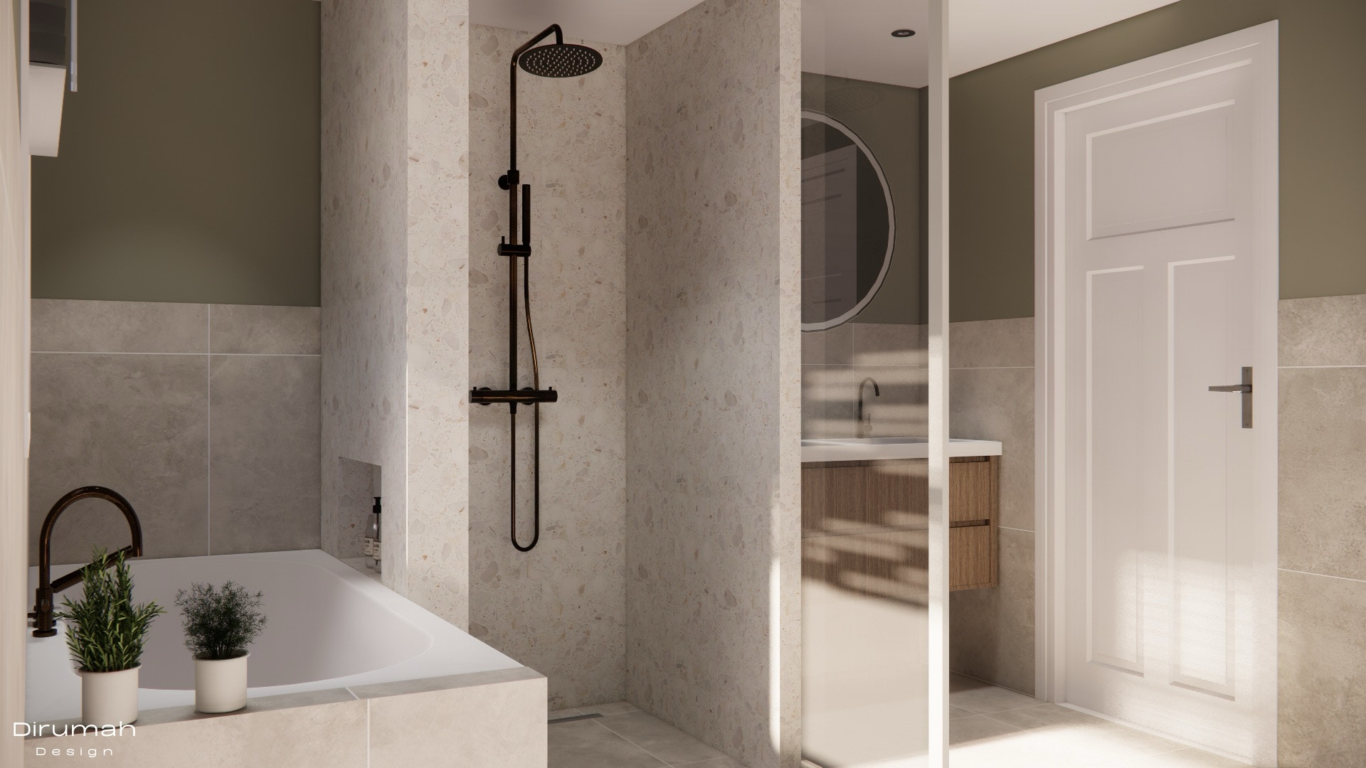 3D render of a bathroom with a view of the bathtub and shower with a sliding door to the double sink.