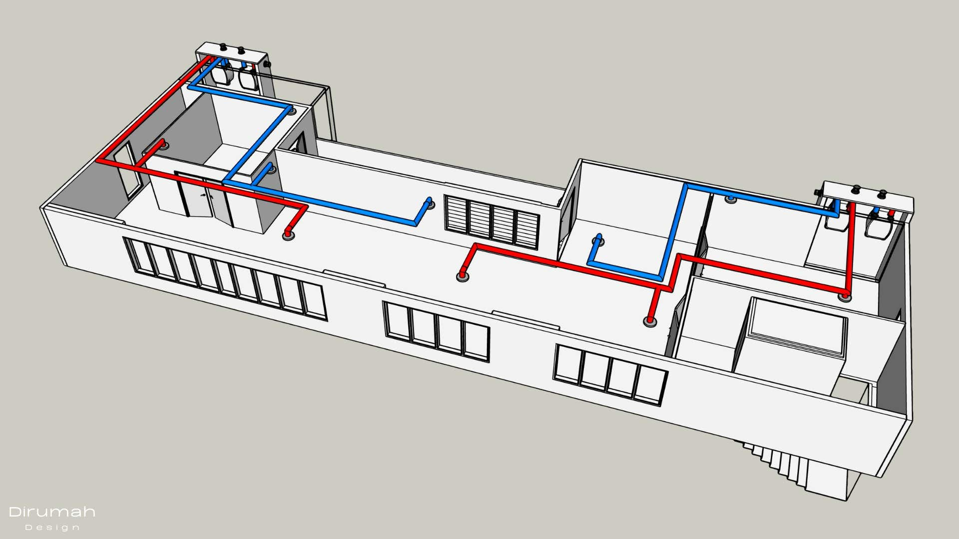 Tekening van een Warmte-Terug- Win-unit bedrijfspand.